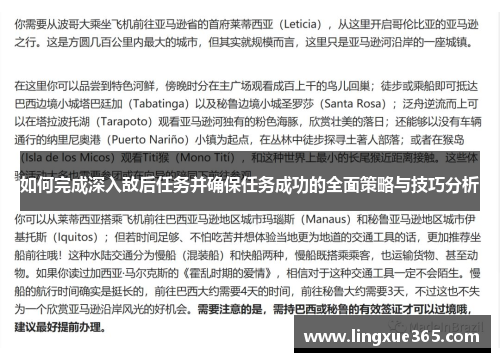 如何完成深入敌后任务并确保任务成功的全面策略与技巧分析