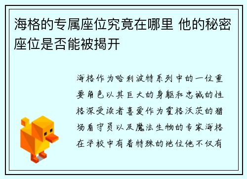 海格的专属座位究竟在哪里 他的秘密座位是否能被揭开